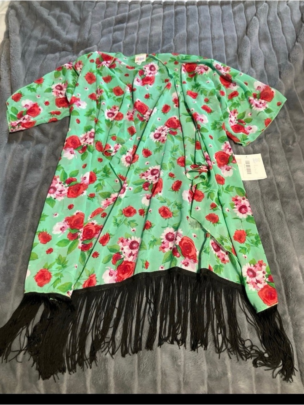 LuLaRoe Green Floral Fringe Kimono
